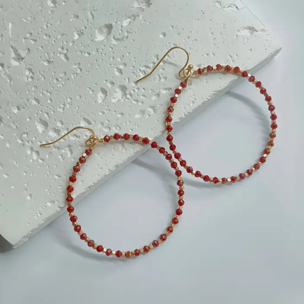 Beaded Red and Gold Hoop Earrings